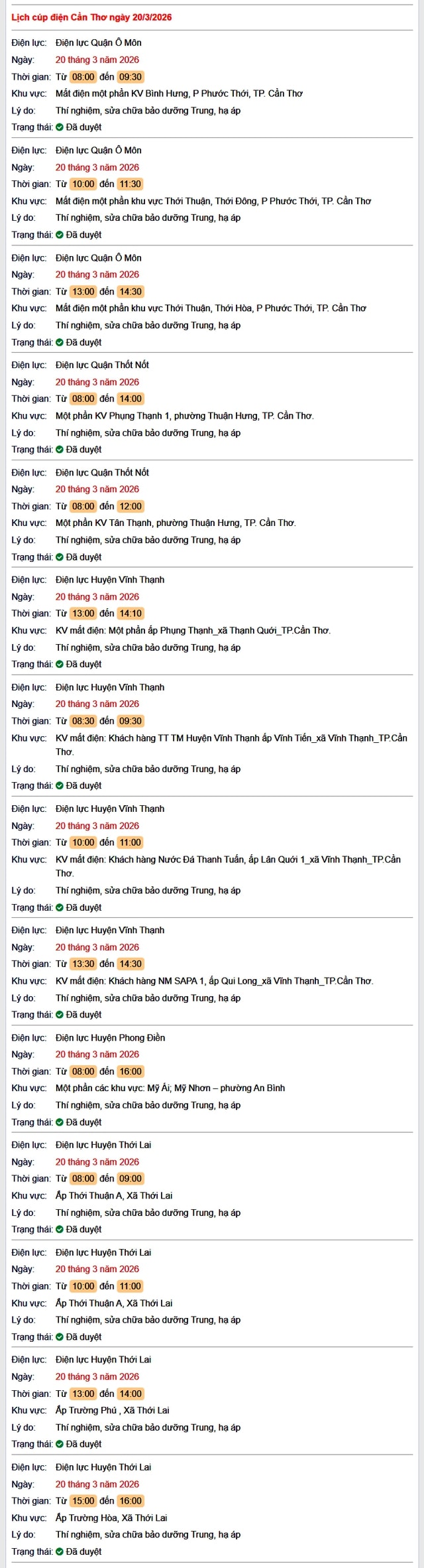 Tra cứu lịch cúp điện Cần Thơ hôm nay Thứ 6 ngày 20/3/2026- Ảnh 1. Tra cứu lịch cúp điện Cần Thơ hôm nay Thứ 6 ngày 20/3/2026- Ảnh 1.