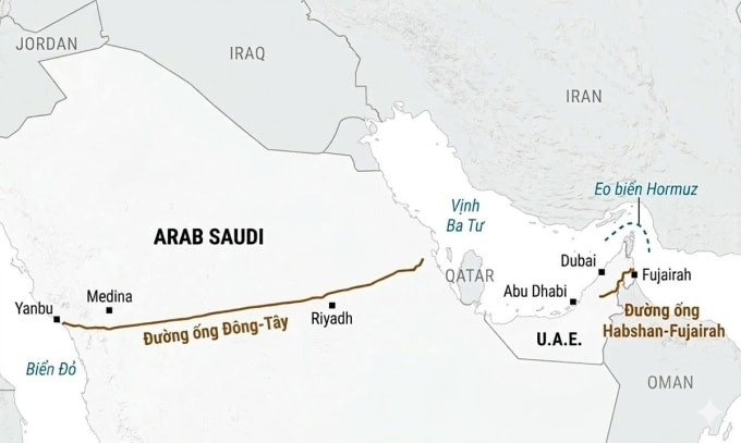 Vị trí đường ống Đông - Tây và đường ống Habshan-Fujairah. Đồ họa: WSJ