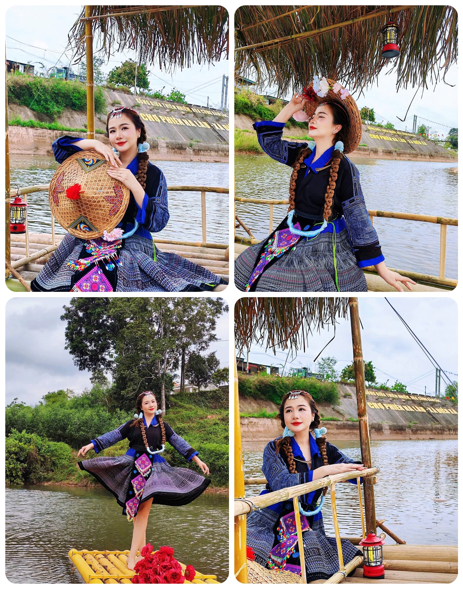 Du khách thích thú khoác lên mình các bộ trang phục truyền thống của đồng bào dân tộc tại vùng cao Hà Lâu, xã Điền Xá, tỉnh Quảng Ninh.