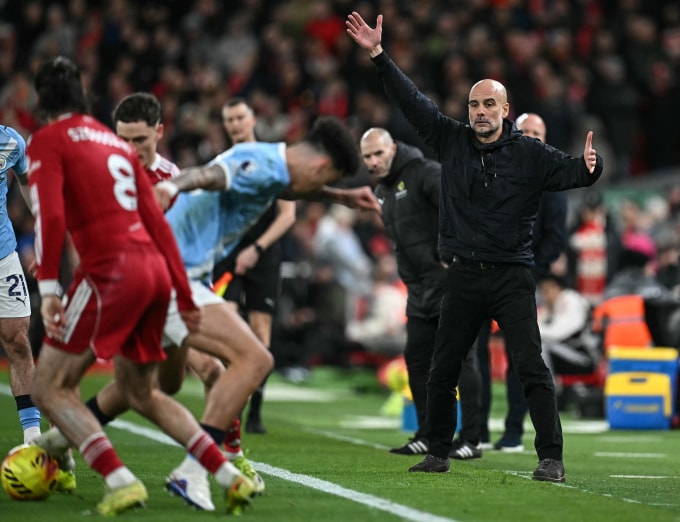 HLV Pep Guardiola trong trận Man City thắng chủ nhà Liverpool 2-1 trên sân Anfield ở vòng 25 Ngoại hạng Anh ngày 8/2/2026. Ảnh: AFP