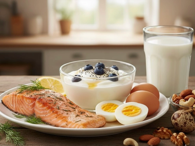 Bữa sáng chỉ nên nạp khoảng 14 g đạm, đồng thời giảm khẩu phần ăn tối để giảm áp lực cho các cơ quan nội tạng. Ảnh được tạo bởi AI