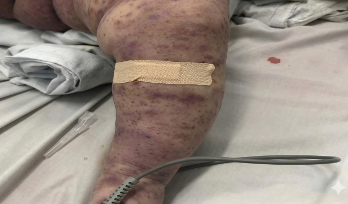 Hình ảnh ban xuất huyết ở trẻ nhiễm não mô cầu. Ảnh: Bệnh viện cung cấp