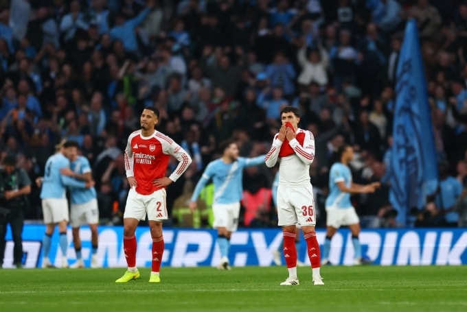 Saliba và Zubimendi thất vọng trong trận thua Man City 0-2. Ảnh: Reuters