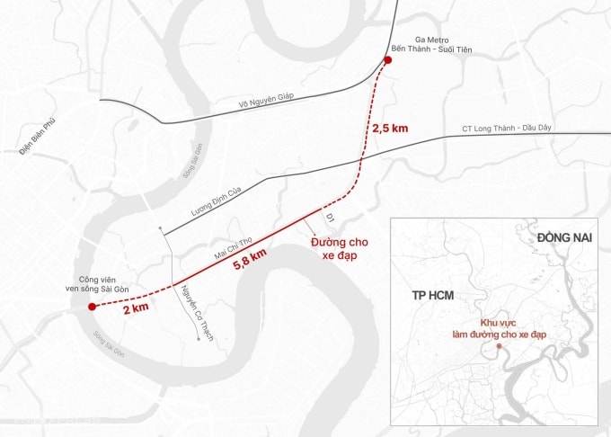 Đoạn đường ưu tiên xe đạp đã khai thác và đoạn dự kiến kéo dài (nét đứt). Đồ họa: Hoàng Thanh