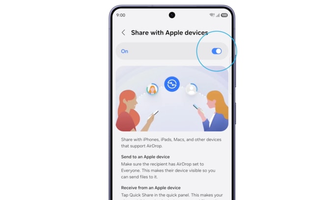 Tùy chọn chia sẻ với thiết bị Apple của Quick Share trên Galaxy S26 series.