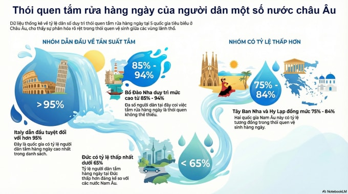 Thói quen tắm rửa hàng ngày của người dân một số nước châu Âu theo kết quả khảo sát The Global Index 2025. Đồ họa: Ngọc Ngân/NotebookLM