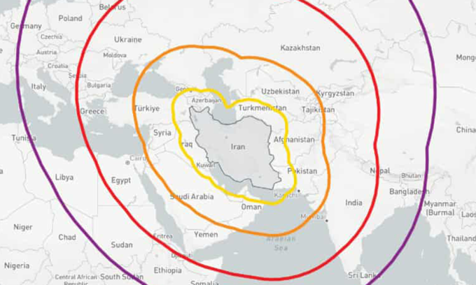 Tầm bắn ước tính của kho tên lửa đạn đạo Iran. Bấm vào hình để xem chi tiết