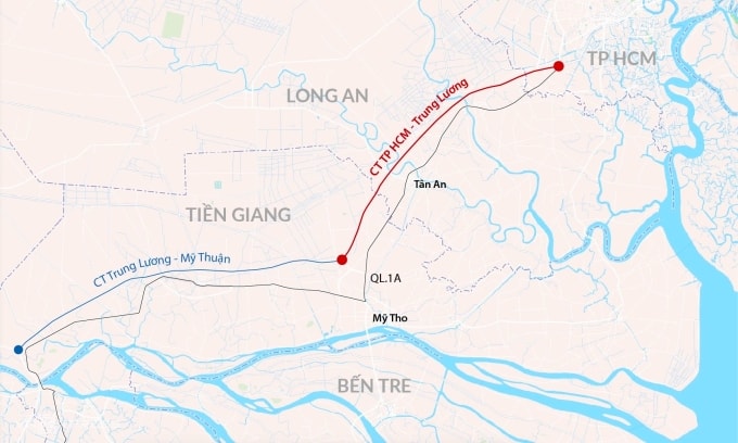 Hướng tuyến cao tốc TP HCM - Trung Lương - Mỹ Thuận. Đồ họa: Đăng Hiếu