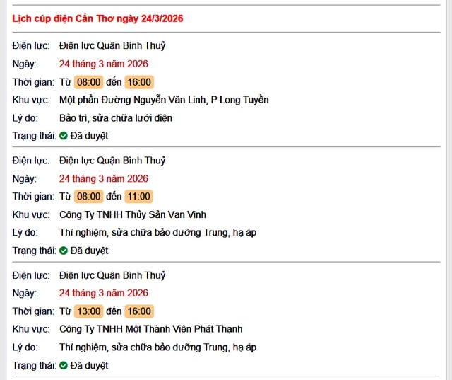 Tra cứu lịch cúp điện Cần Thơ hôm nay Thứ 3 ngày 24/3/2026- Ảnh 1. Tra cứu lịch cúp điện Cần Thơ hôm nay Thứ 3 ngày 24/3/2026- Ảnh 1.