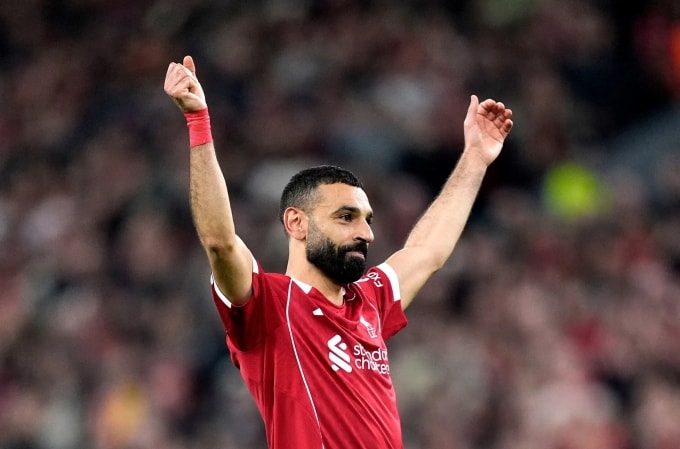 Salah mừng bàn thắng thứ tư của Liverpool ở lượt về vòng 1/8 Champions League gặp Galatasaray trên sân Anfield, thành phố Liverpool, Vương quốc Anh tối 18/3/2026. Ảnh: AP