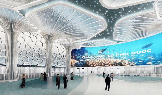 Thiết kế lấy cảm hứng từ lòng đại dương tại khu vực nhà ga đến. Ảnh: Aedas Interiors