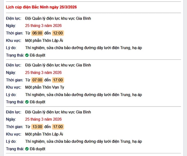 Tra cứu lịch cắt điện Bắc Ninh hôm nay Thứ 4 ngày 25/3/2026- Ảnh 1.