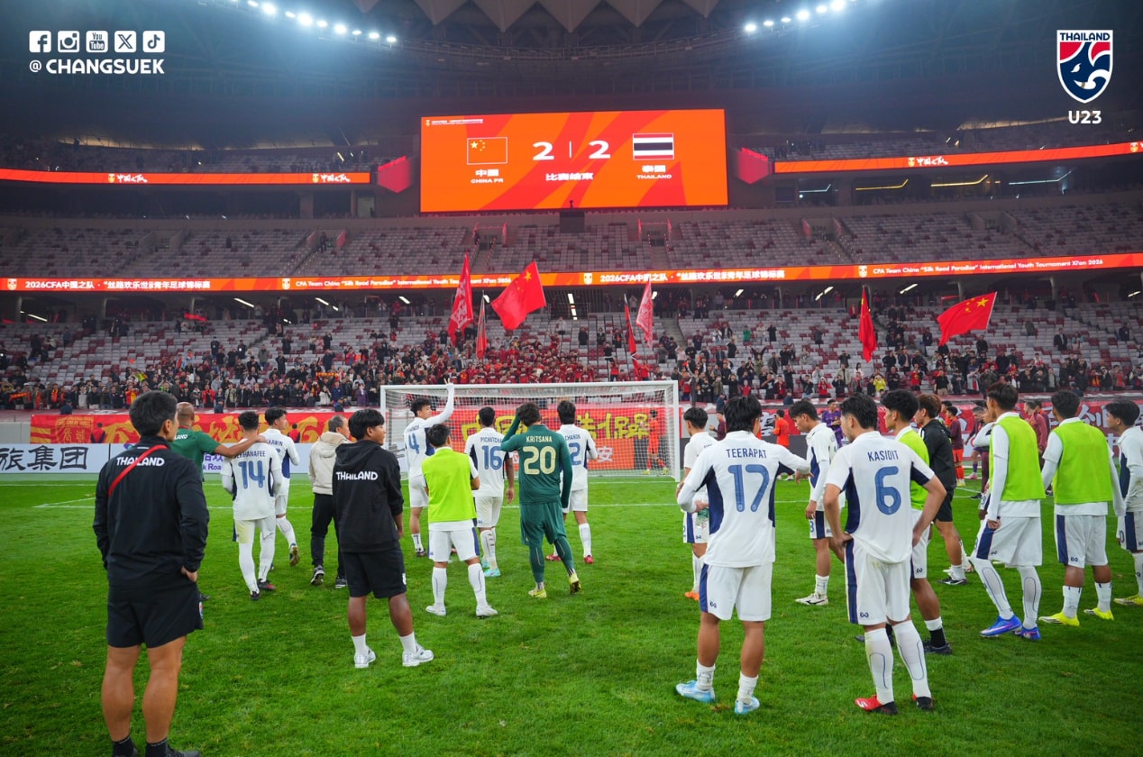 U23 Thái Lan hoà 2-2 U23 Trung Quốc. (Nguồn: Đội tuyển bóng đá quốc gia Thái Lan)