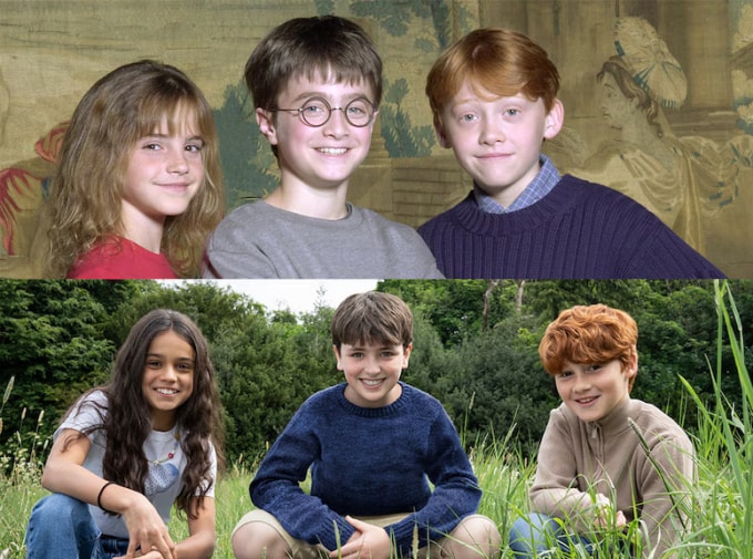 Dàn diễn viên loạt phim điện ảnh Harry Potter (trên) và bản truyền hình. Ảnh: Warner Bros./HBO