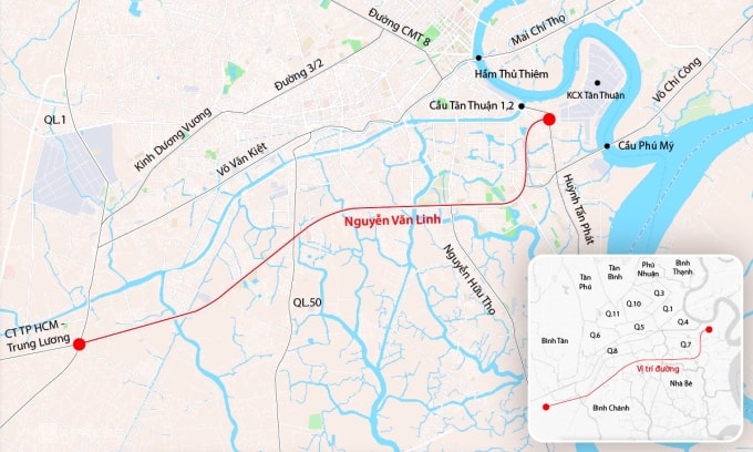 Hướng tuyến đại lộ Nguyễn Văn Linh. Đồ họa: Khánh Hoàng