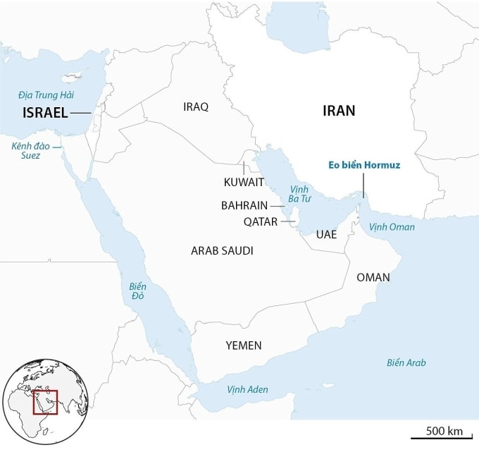 Vị trí eo biển Hormuz và Biển Đỏ. Đồ họa: Guardian