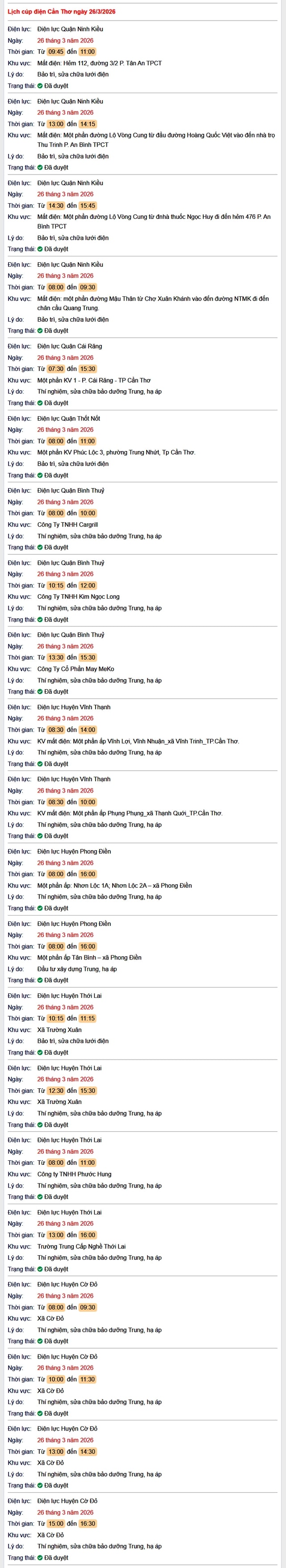 Tra cứu lịch cúp điện Cần Thơ hôm nay Thứ 5 ngày 26/3/2026- Ảnh 1.