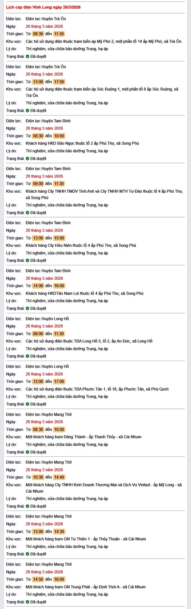 Tra cứu lịch cúp điện Vĩnh Long hôm nay Thứ 5 ngày 26/3/2026- Ảnh 1.