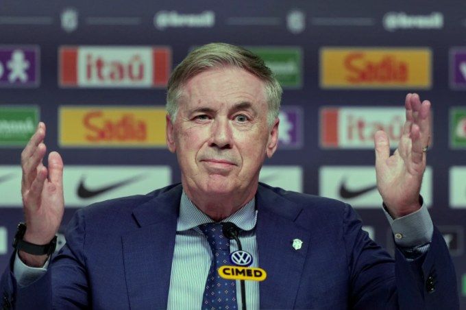 HLV Carlo Ancelotti trong buổi công bố danh sách triệu tập tuyển Brazil tại Rio de Janeiro, Brazil ngày 16/3/2026. Ảnh: AP