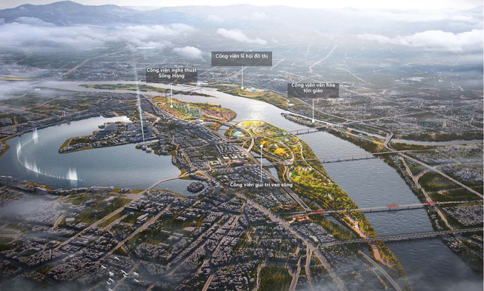 Phối cảnh tổng thể trục sông Hồng trong đồ án Quy hoạch tổng thể Thủ đô Hà Nội tầm nhìn 100 năm