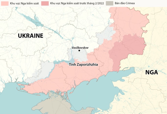 Vị trí làng Vasilkovskoe thuộc tỉnh Zaporizhzhia. Đồ họa: RYV