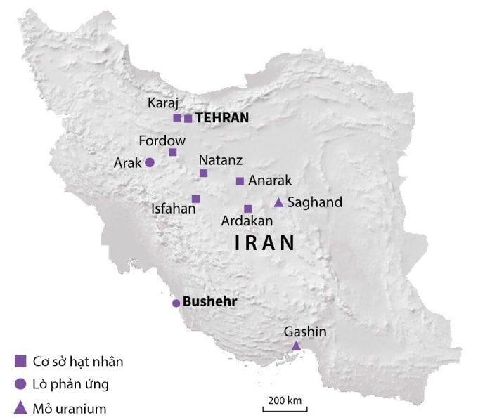 Vị trí một số cơ sở hạt nhân của Iran. Đồ họa: AFP
