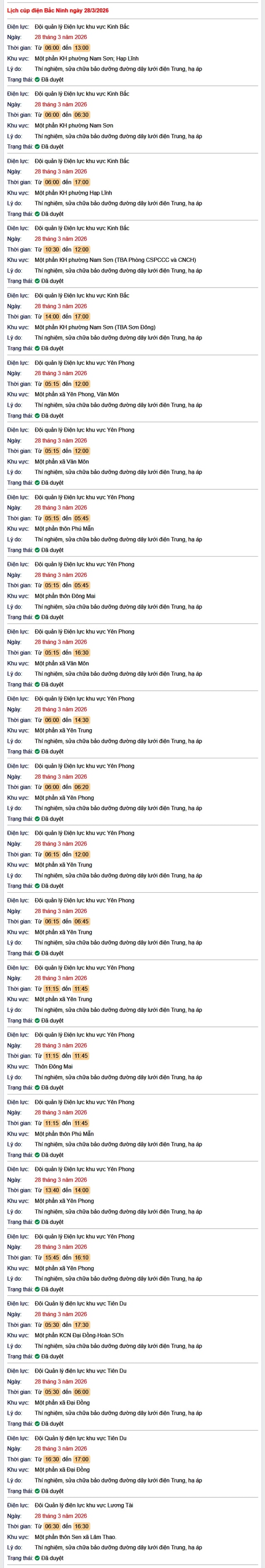 Tra cứu lịch cắt điện Bắc Ninh hôm nay Thứ 7 ngày 28/3/2026- Ảnh 1.