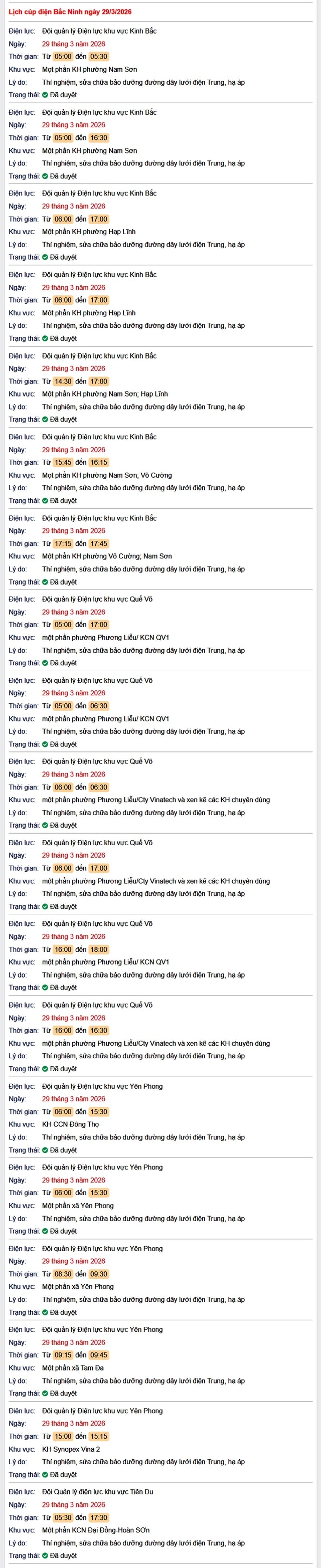 Tra cứu lịch cắt điện Bắc Ninh hôm nay Chủ Nhật ngày 29/3/2026- Ảnh 1.