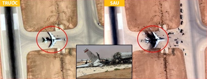 Phi cơ được cho là máy bay mắt thần E-3 của Mỹ tại căn cứ Prince Sultan, Arab Saudi trước và sau vụ tập kích ngày 27/3. Ảnh: X/Clash Report