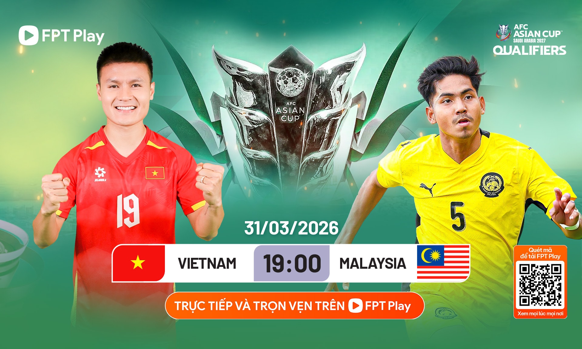 Trận đấu giữa đội tuyển Việt Nam và Malaysia được chiếu trực tiếp trên FPT Play.