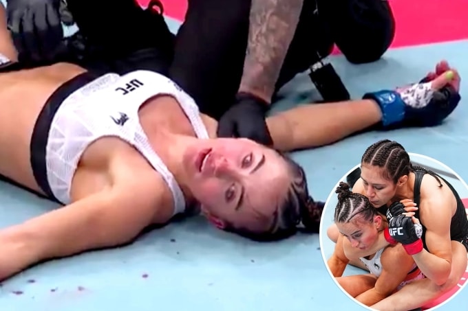 Maycee Barber nằm sàn trong trạng thái như mất ý thức, sau cú siết cổ của Alexa Grasso tại UFC 271 ở nhà thi đấu Climate Pledge, thành phố Seattle, bang Washington, Mỹ tối 29/3/2026. Ảnh: New York Post