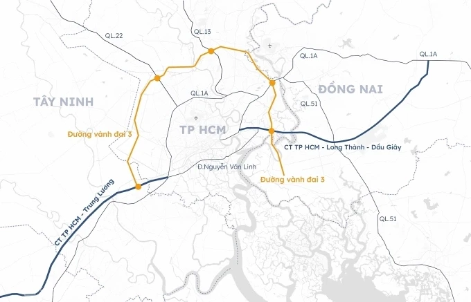 Hướng tuyến Vành đai 3 TP HCM, đoạn ngắt quãng thuộc tuyến Bến Lức - Long Thành. Đồ họa: Khánh Hoàng