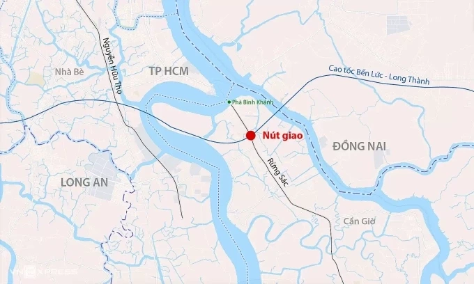 Hướng tuyến đường Rừng Sác đoạn từ nút giao cao tốc Bến Lức - Long Thành vào khu đô thị biển. Đồ hoạ: Đăng Hiếu