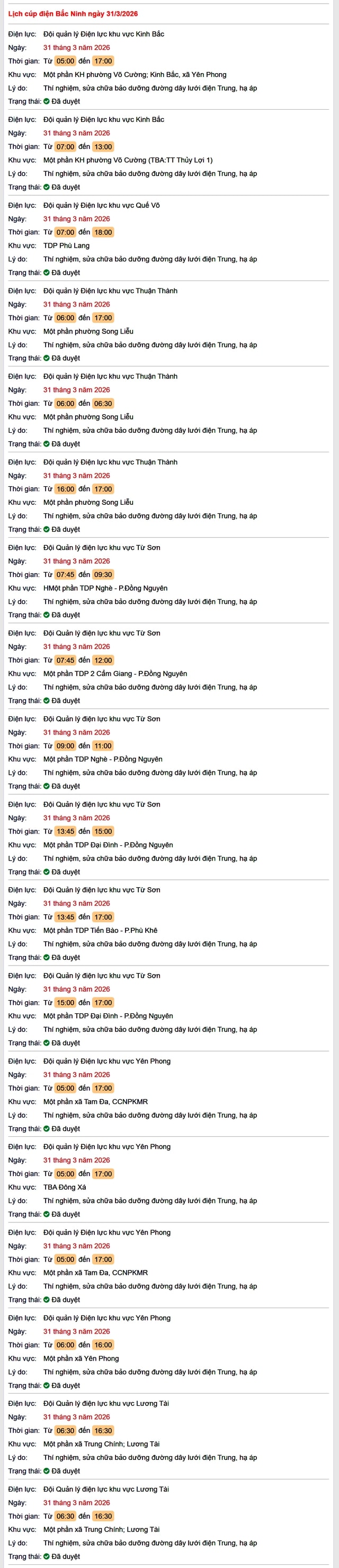 Tra cứu lịch cắt điện Bắc Ninh hôm nay Thứ 3 ngày 31/3/2026- Ảnh 1. Tra cứu lịch cắt điện Bắc Ninh hôm nay Thứ 3 ngày 31/3/2026- Ảnh 1.