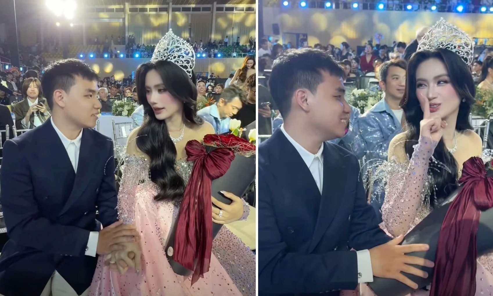 Tại đêm chung kết Miss World Vietnam 2025, Anh Kiệt xuất hiện, ôm bó hoa to dành tặng cho bạn gái. Không né tránh hay giữ khoảng cách, cả hai thoải mái trò chuyện và có những cử chỉ thân mật ngay giữa không gian sự kiện đông người.