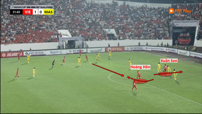Tình huống điển hình của việc Xuân Sơn hút người và tìm cách đâm ra sau hàng thủ đối phương, từ đó mở ra không gian trống trải ngay sau lưng dành cho Hoàng Hên. Pha bóng kết thúc với cú dứt điểm bị thủ thành Malaysia cản phá.