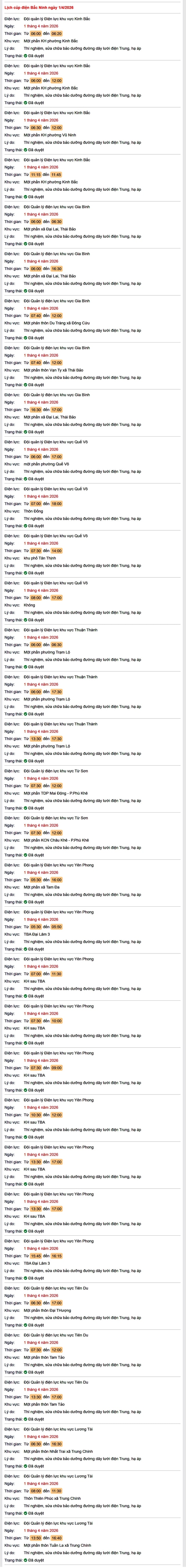 Tra cứu lịch cắt điện Bắc Ninh hôm nay Thứ 4 ngày 1/4/2026- Ảnh 1.