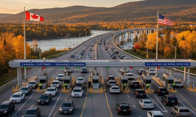 Xe cộ lưu thông qua biên giới Canada - Mỹ. Ảnh: Canada tousa