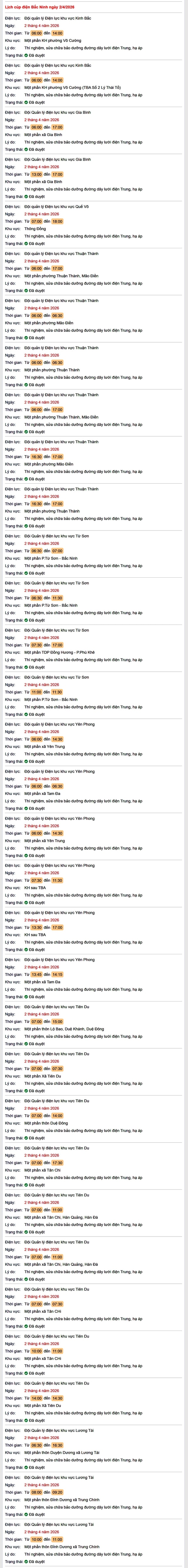 Tra cứu lịch cắt điện Bắc Ninh hôm nay Thứ 5 ngày 2/4/2026- Ảnh 1.