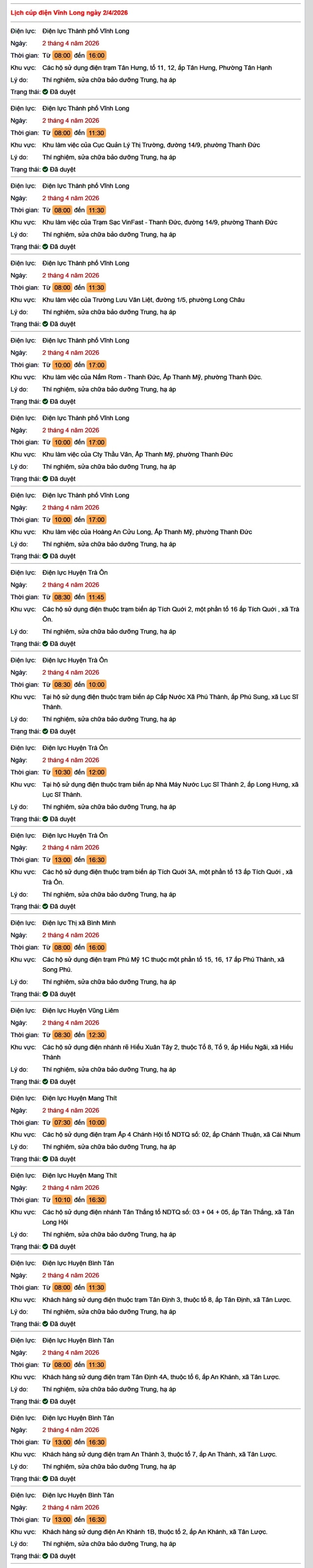 Tra cứu lịch cúp điện Vĩnh Long hôm nay Thứ 5 ngày 2/4/2026- Ảnh 1.