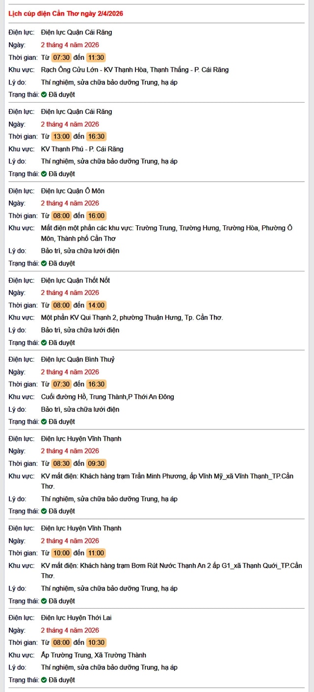 Tra cứu lịch cúp điện Cần Thơ hôm nay Thứ 5 ngày 2/4/2026- Ảnh 1.