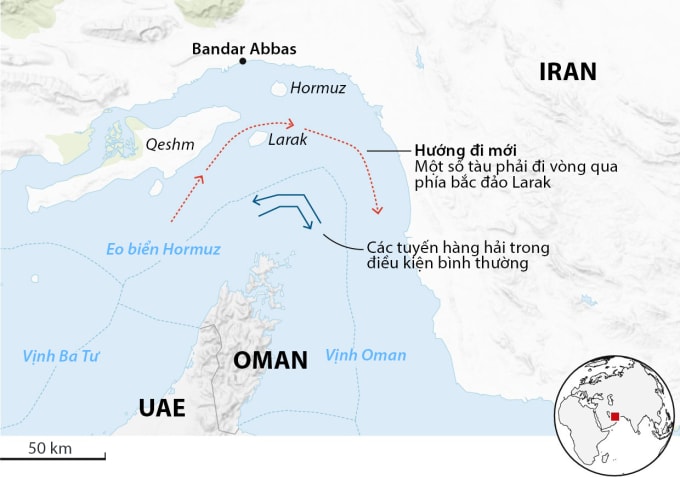 Lộ trình các tàu dầu cần thực hiện để được đảm bảo qua eo biển Hormuz an toàn. Đồ họa: Guardian