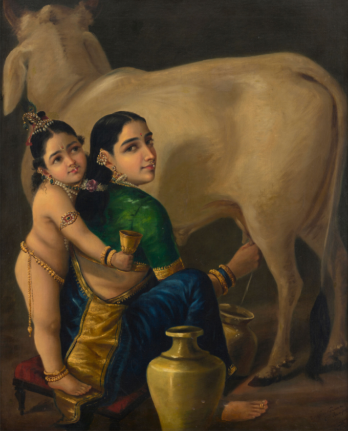 Bức sơn dầu Yashoda và Krishna ra đời khoảng những năm 1890. Ảnh: Saffronart