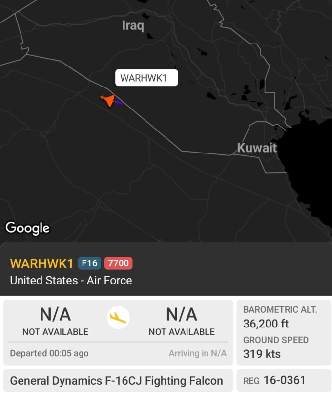 Máy bay F-16CJ Mỹ bật mã 7700 hôm 3/4. Đồ họa: FlightRadar24