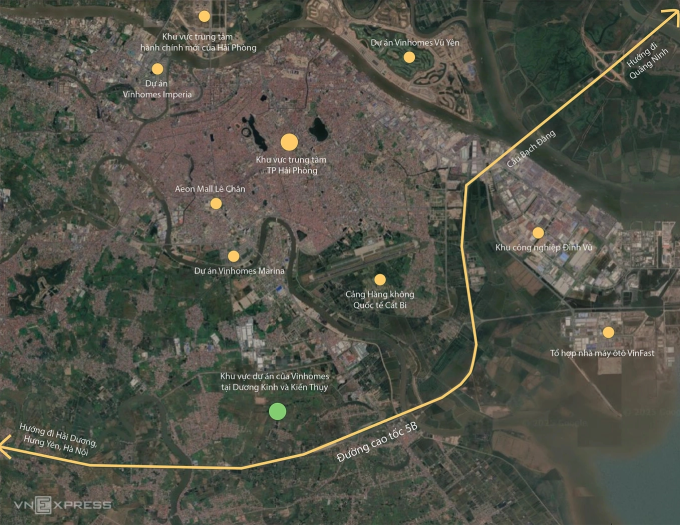 Vị trí khu đô thị mới của Vinhomes tại Dương Kinh, Kiến Thụy (nay là phường Dương Kinh và xã Kiến Minh) và các dự án hiện hữu của Vingroup tại Hải Phòng. Đồ họa: Anh Tú