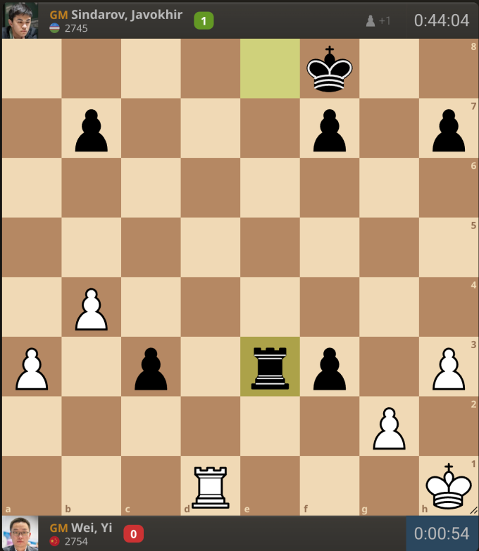 Hình cờ khi Vi Dịch (quân trắng) xin thua Sindarov. Tốt và xe đen chuẩn bị xuống hàng 2 và sẽ ghim xe lẫn vua trắng ở hàng một. Từ đó, vua đen có thể tung hoành khắp bàn cờ và bắt các tốt trắng.