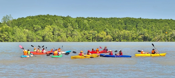 Nhóm du khách tham gia chèo thuyền tại một khu du lịch sinh thái thuộc Cần Giờ. Ảnh: Kha Thiên Lộc