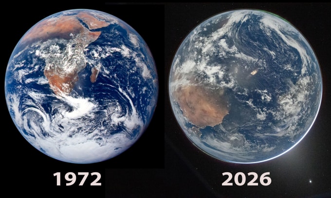 Ảnh chụp Trái Đất năm 1972 (trái) và 2026. Ảnh: NASA