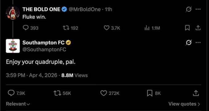 Southampton viết Tận hưởng cú ăn bốn đi, bạn nhé mỉa mai một CĐV Arsenal.