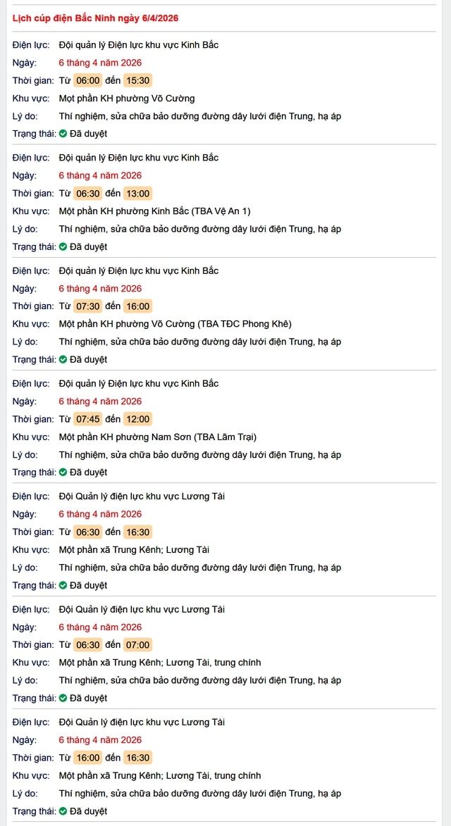 Tra cứu lịch cắt điện Bắc Ninh hôm nay Thứ 2 ngày 6/4/2026- Ảnh 1.